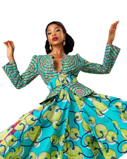 Fashion model wearing a colourful Ghanaian print dress